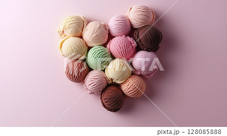 Sweet ice cream scoops are arranged in a heart-shaped arrangement flat lay view 128085888