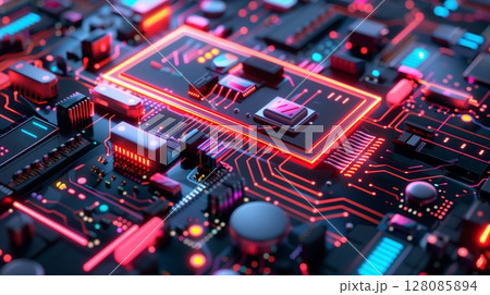 Network physical device futuristic line orange light on internet connection 128085894
