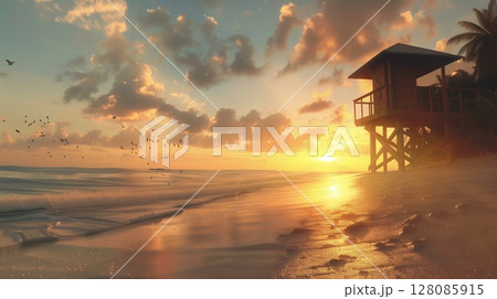 Yellow sunset on beach with sun, palm tree and ocean water Yellow sunset on beach with sun, palm tree and ocean water 128085915