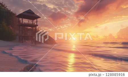 Yellow sunset on beach with sun, palm tree and ocean water 128085916