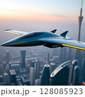 airplane flying above city 128085923