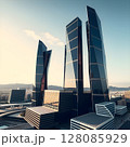 empty marble staircase with cityscape of modern city 128085929