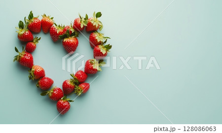 Strawberry red fruit arranged in the shape of a heart copy space blank background 128086063
