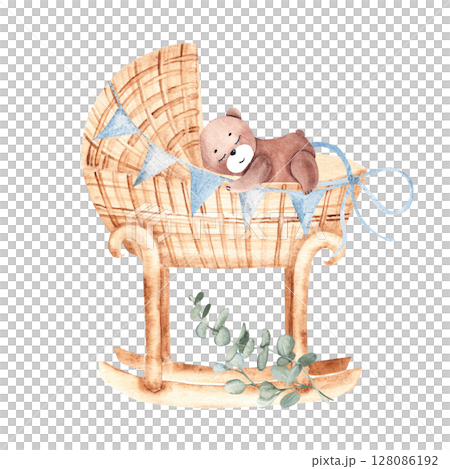 Watercolor illustration of Baby Boy cradle from rattan decorated with eucalyptus branches with plush Teddy Bear Toy. Hand drawn Crib in retro style. For newborn greeting or birthday cards, baby shower Watercolor illustration of Baby Boy cradle from rattan decorated with eucalyptus branches with plush Teddy Bear Toy. Hand drawn Crib in retro style. For newborn greeting or birthday cards, baby shower 128086192