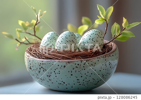 Speckled Eggs in Nest with Fresh Greenery for Spring Decor and Easter Celebrations Generative AI 128086245
