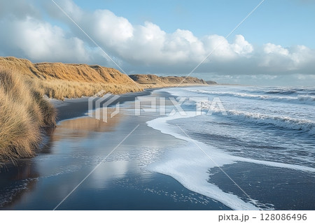 Serene Coastal Landscape with Sandy Dunes and Gentle Waves 128086496