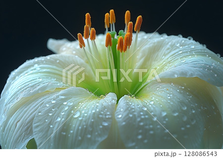 Close-Up of Dewy White Lily with Prominent Stamens for Floral Art and Nature Design 128086543