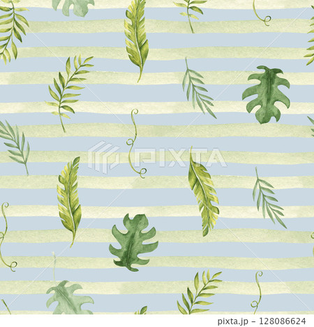 Tropical Leaves Seamless Pattern on a green striped, light blue background. Palm, Eucalyptus and Monstera with Liana, horizontal Brush Strokes or Lines. Watercolor Hand drawn illustration. For Tropical Leaves Seamless Pattern on a green striped, light blue background. Palm, Eucalyptus and Monstera with Liana, horizontal Brush Strokes or Lines. Watercolor Hand drawn illustration. For 128086624