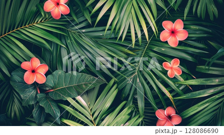 Vibrant tropical flora with lush exotic plants and colorful flowers for a vibrant background 128086690