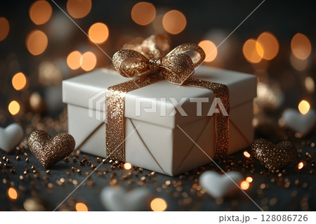 Elegant Gift Box with Glittering Ribbon Against a Bokeh Background for Holiday Celebrations and Gift-Giving Concepts Generative AI 128086726
