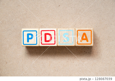 Alphabet letter block in word PDSA (Abbreviation of plan do study act) on wood background 128087039