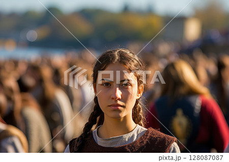 Portrait of a young warrior girl against the background of a squad about to go on a campaign 128087087
