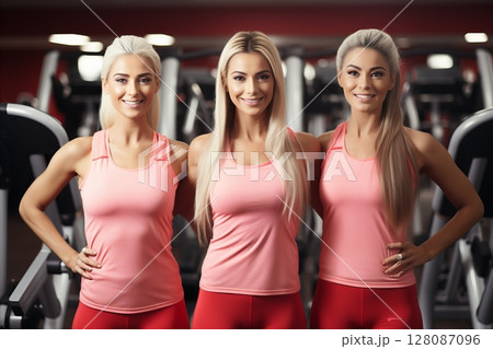 Vibrant women joyfully team up for an invigorating workout at the gym 128087096