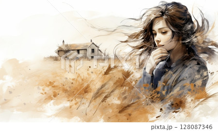 Medieval scene  peasant woman gathering wheat in european village field with houses in backdrop 128087346