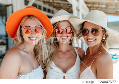 Cheerful women best friends savoring summer beach fun by the sea, enjoying a memorable time together 128087377