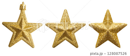 Golden Christmas star ornament bauble set isolated on white background Golden Christmas star ornament bauble set isolated on white background 128087526