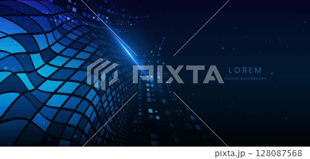 Technology futuristic glowing lines neon blue light ray on dark blue background with square pattern digital element. 128087568