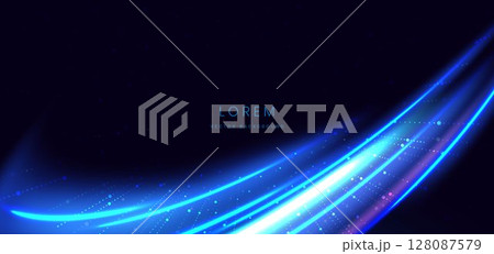 Futuristic blue curved rays glowing on black background with lighting effect and sparkle. 128087579