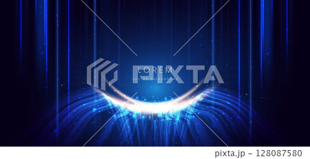 Scene glownig blue wave lines with lighting effect and sparkle on dark blue background. Scene glownig blue wave lines with lighting effect and sparkle on dark blue background. 128087580