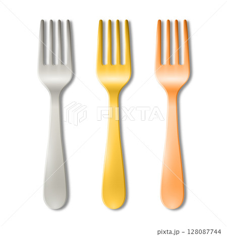 Vector 3d Fork Set Isolated on White. Realistic Silver, Gold and Copper Fork Icon. Metal Cutlery Illustration. Tableware Utensils, Restaurant, Kitchenware, Dinnerware. Top View Vector 3d Fork Set Isolated on White. Realistic Silver, Gold and Copper Fork Icon. Metal Cutlery Illustration. Tableware Utensils, Restaurant, Kitchenware, Dinnerware. Top View 128087744