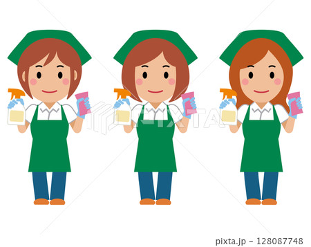 洗剤とスポンジを持つ緑エプロンの女性清掃員 128087748