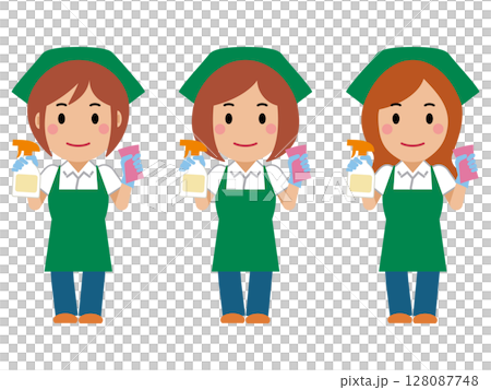 洗剤とスポンジを持つ緑エプロンの女性清掃員 128087748