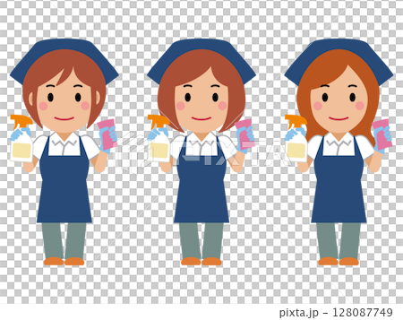 A female cleaner in a navy blue apron holding detergent and a sponge A female cleaner in a navy blue apron holding detergent and a sponge 128087749