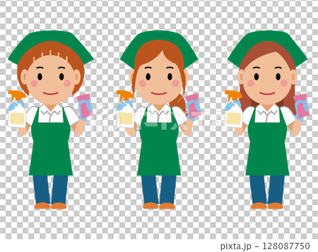 A female cleaner in a green apron holding detergent and a sponge. Part 2 128087750