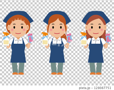洗剤とスポンジを持つ紺色エプロンの女性清掃員。その2 128087751