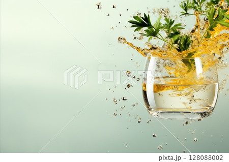 Herbal Tea with Splashes and Mint Leaves in the Air, Light Background, Copy Space for Text 128088002