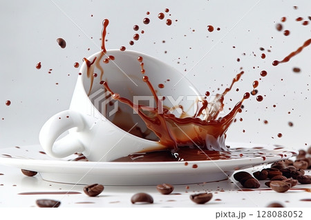 White porcelain coffee cup shatters, splashing coffee and beans on clean white surface 128088052