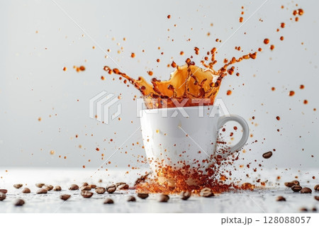 White porcelain coffee cup shatters, splashing coffee and beans on white surface 128088057