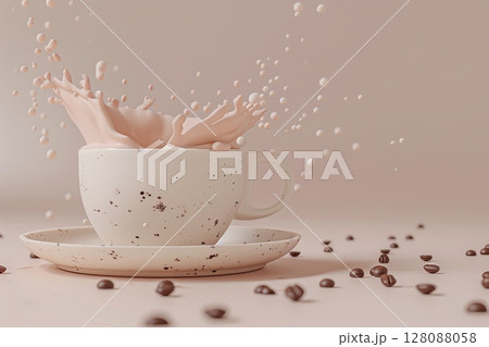 Milk splash in white porcelain cup surrounded by coffee beans on table, creating a captivating scene Milk splash in white porcelain cup surrounded by coffee beans on table, creating a captivating scene 128088058