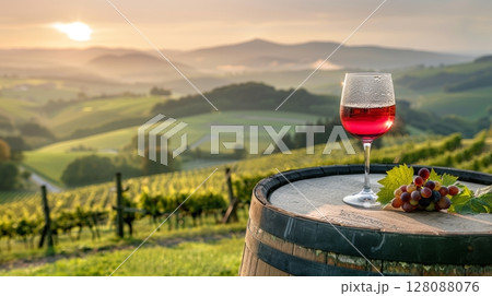 Red wine glass on foggy barrel with blurred vineyard landscape in the background Red wine glass on foggy barrel with blurred vineyard landscape in the background 128088076