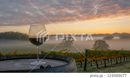 Red wine glass on mist covered wooden barrel with vineyard landscape in the blurry background Red wine glass on mist covered wooden barrel with vineyard landscape in the blurry background 128088077