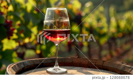 Fogged red wine glass resting on barrel with vineyard landscape blurred in the background Fogged red wine glass resting on barrel with vineyard landscape blurred in the background 128088078