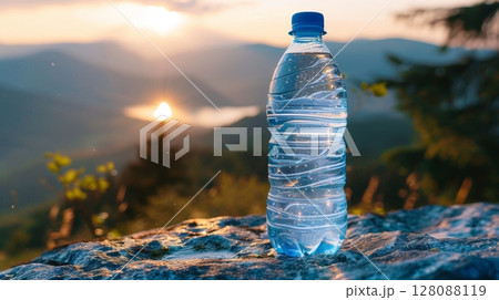 Sunlit plastic bottle in misty mountain valley with bright sunbeam shining on it 128088119