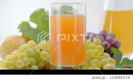 Glass of grape juice with fresh green and yellow grape bunches on white background Glass of grape juice with fresh green and yellow grape bunches on white background 128088139
