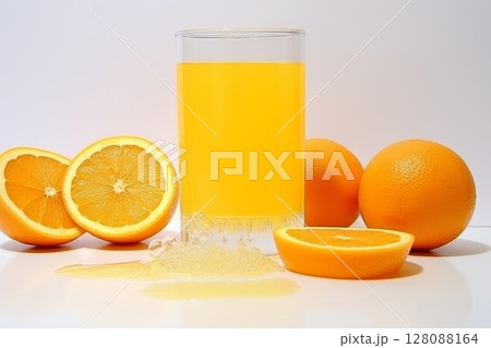 Freshly squeezed orange juice in glass with ripe whole oranges on white background, citrus concept 128088164