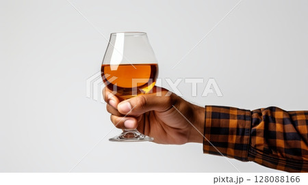 Sophisticated male hand gracefully holding a wine glass on a pristine white background 128088166