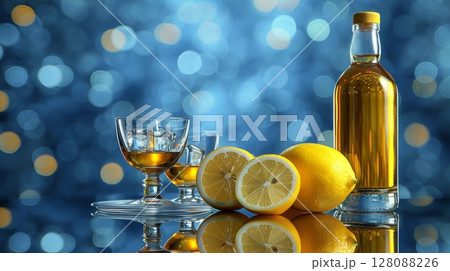 Whiskey bottle and glass on mirrored table with ice, bokeh balls, dark blue background 128088226