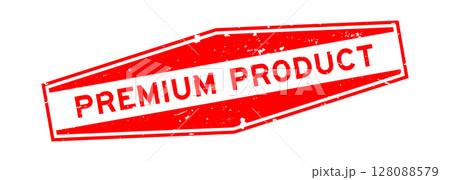 Grunge red premium product word hexagon rubber seal stamp on white background 128088579