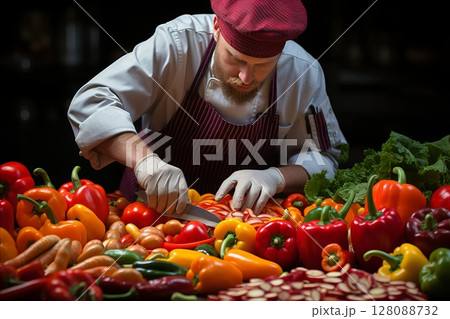 Experienced Chef Carefully Preparing Fresh Vegetables with Precision in Culinary Attire 128088732