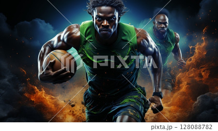 Intense basketball game action with ball soaring to hoop and players blocking shot 128088782