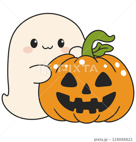 halloween cute ghost hiding behind a pumpkin in flat cartoon style, playful and shy character for october clipart 128088822