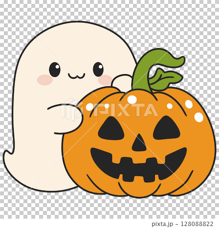 halloween cute ghost hiding behind a pumpkin in flat cartoon style, playful and shy character for october clipart 128088822