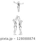 Acrobatic, balance, performance, cooperation concept. Hand drawn acrobats on static scene . Isolated vector illustration , acrobatics, gymnastic sketch illustration. Flying trio 128088874
