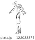 Acrobatic, balance, performance, cooperation concept. Hand drawn acrobats on static scene . Isolated vector illustration , acrobatics, gymnastic sketch illustration. Duo children, couple 128088875