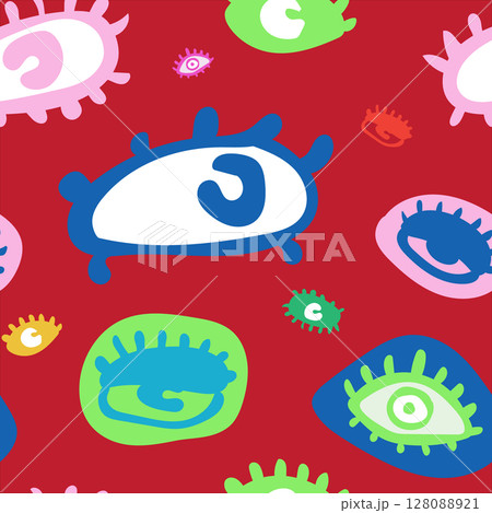 Seamless pattern of abstract colorful eyes with a playful and quirky pop-art style. Great for textile, fashion design, or funky visual backgrounds. 128088921