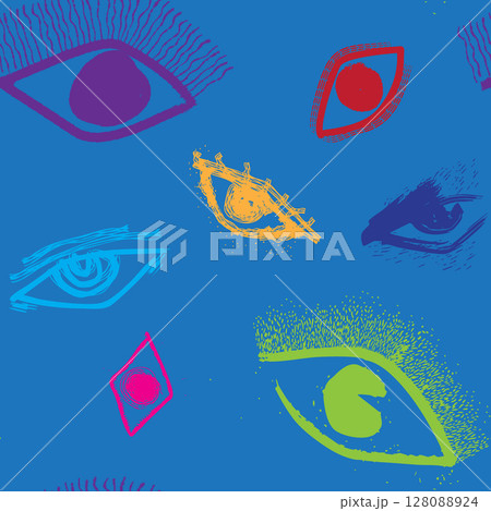 Seamless pattern of Abstract Color Pop Ink Eyes Pattern for textile, fashion design, or funky visual backgrounds. 128088924